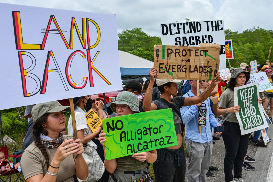Protesters line highway in Florida Everglades to oppose ‘Alligator Alcatraz’